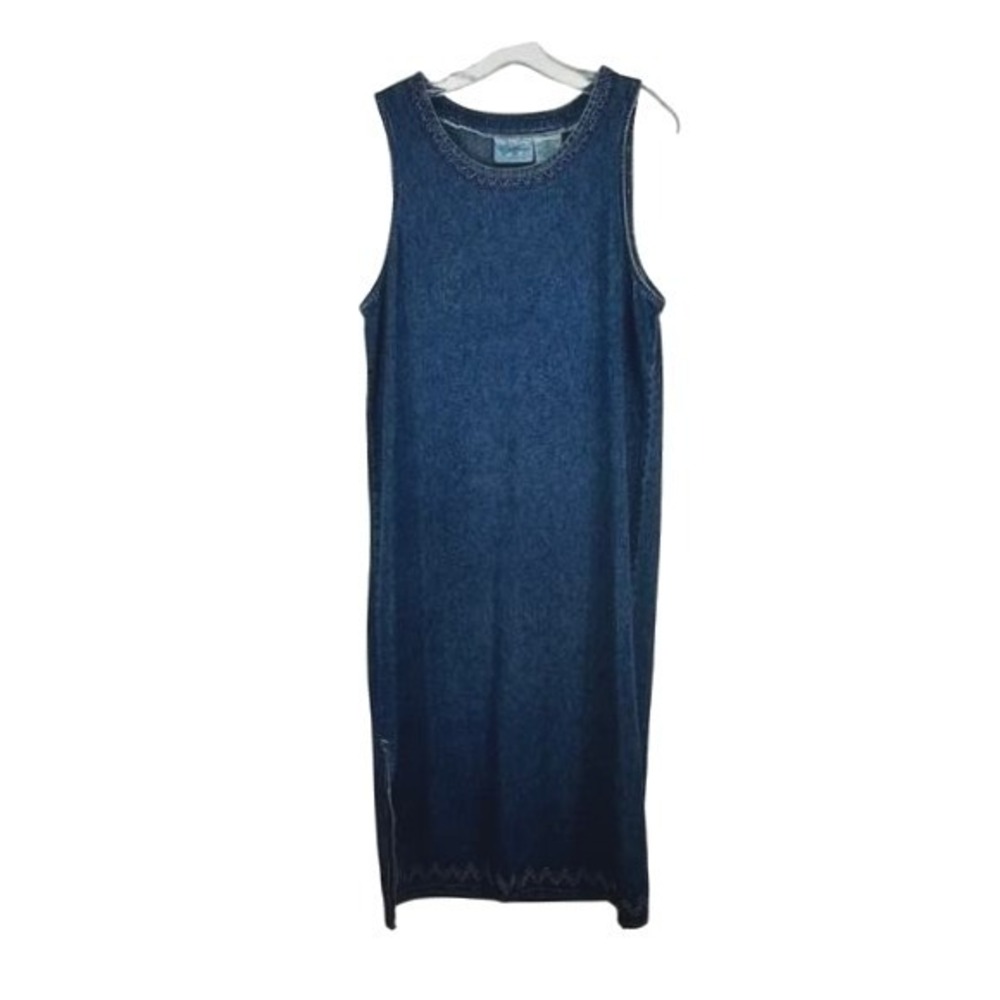 Studio‎ Ease Denim Long Maxi Dress Sleeveless 12 Side Slits Modest 100% Cotton